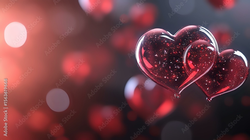 Poster sparkling red glass hearts floating on dark background with bokeh lights and glowing particles creat