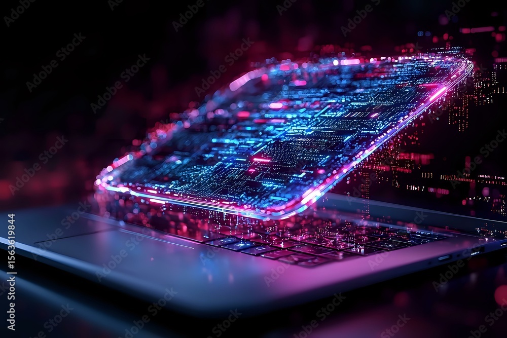 Poster futuristic smartphone hologram with glowing circuit patterns and digital data streams in pink and bl