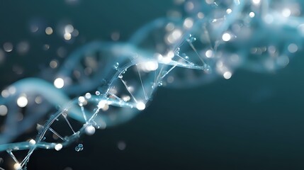 Glowing DNA strand structure with connected dots and lines on dark blue background, molecular biology concept showing genetic research and science.