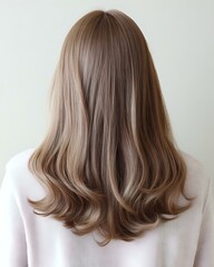 Fototapeta premium Back view of long ash blonde hair with subtle waves and layered ends styled in modern cut against neutral background, showcasing professional salon result.