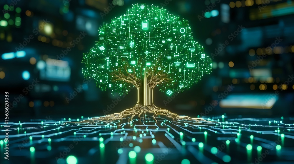 Poster digital tree with glowing green leaves connected to network of illuminated circuits against dark bac