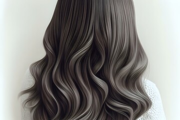 Fototapeta premium Long wavy silver grey hair with dark roots and smooth gradient ombre effect shown from behind on white background, modern trendy hairstyle for beauty salon.
