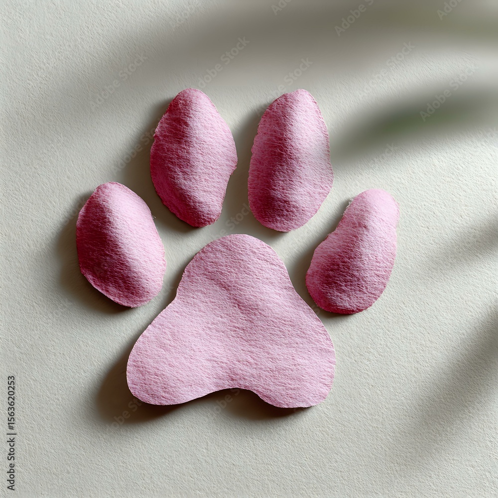 Poster pink paw print shape with soft textured surface cast shadow on white background, minimalist design f