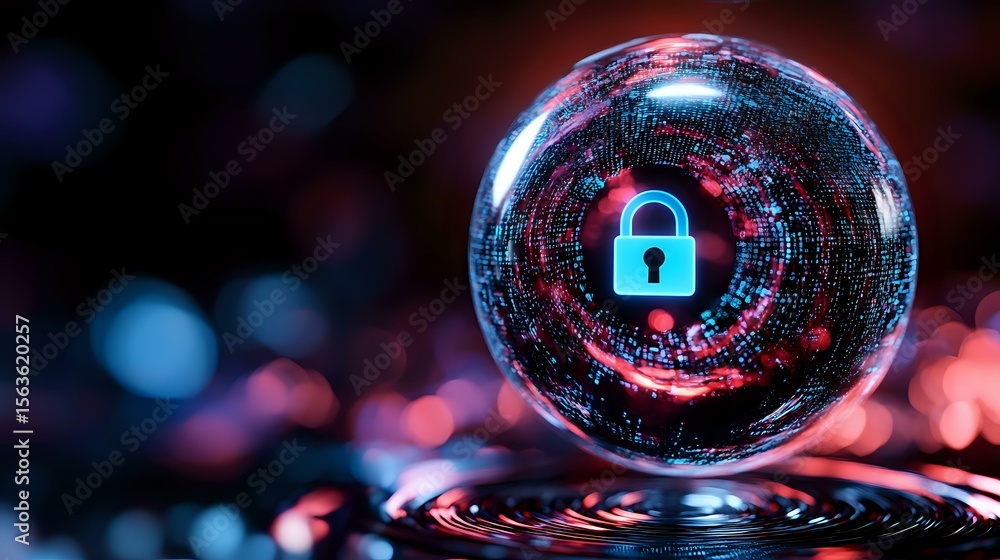 Poster digital security concept with glowing padlock icon inside glass sphere surrounded by binary code cir