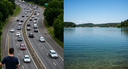 Contrasting scenes of a busy highway and a tranquil lake showcase the dichotomy between urban rush and serene nature.