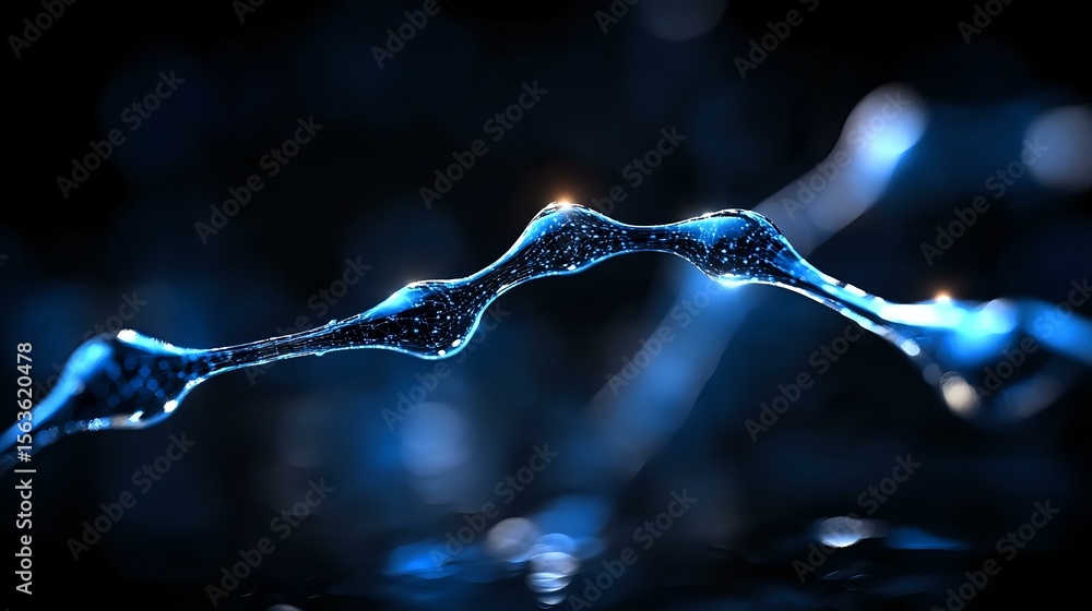 Poster glowing blue digital wave visualization on dark background with bokeh effect and network connection 