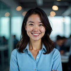  close-up portrait of Asian woman good looking  leader, ceo businesswoman, Beautiful executive manager, business sales leader woman smiling at camera, on office background