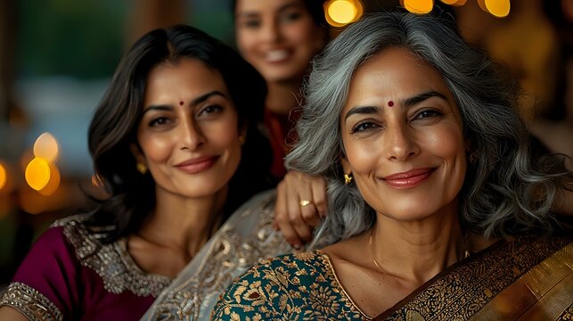 Multi-generational South Asian women in traditional sari and ethnic wear smiling warmly at festive celebration with glowing bokeh lights in background.
