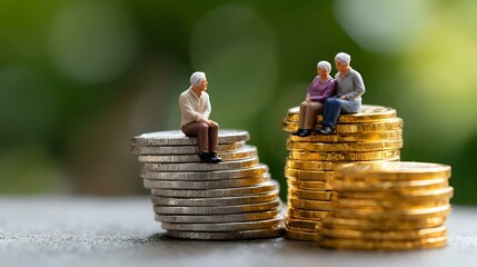 Senior couple sitting on stacks of gold and silver coins, representing retirement savings, pension funds and financial planning for elderly people.