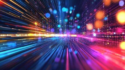 A vibrant, colorful, abstract digital cityscape with neon lights and glowing particles, set against a dark, starry sky with a few scattered stars.