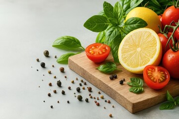 Wooden cutting board with a variety of vegetables and spices