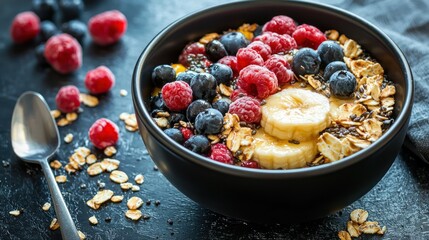 A bowl of granola with fresh berries and banana slices, placed on a dark surface with a spoon and scattered oats.