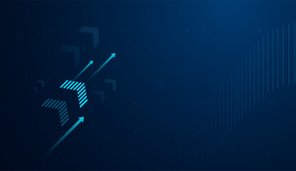 The blue arrow points upward, symbolizing strong growth or technological progress in a digital environment. on dark blue gradient background for business themes vector illustration