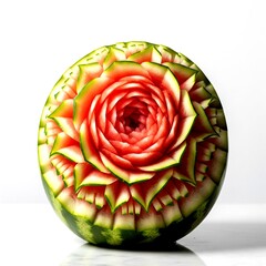Exquisitely Carved Watermelon Art Featuring an Intricate Floral Design on a White Background.