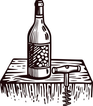 wine bottle and corkscrew on wooden surface clip art preview