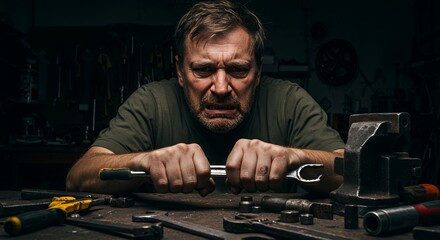 Frustrated Craftsman Grips Wrench in Dark Workshop