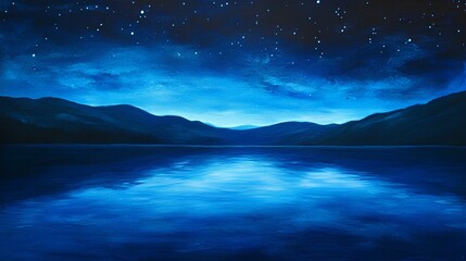 Naklejka premium Night Sky Over Still Lake: A serene and captivating landscape photograph depicting a tranquil lake mirroring a breathtaking night sky studded with countless stars.