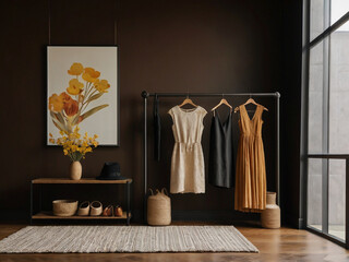 Floral artwork and dresses displayed in a room yellow flowers clothing rack