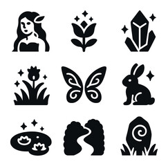 Obraz premium Mythical Valley Icons. Solid, filled icons set of secret valley with mythical beings: nymph, magical flower,
