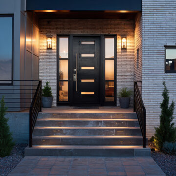 Modern front entrance with steps LED lights and black accents