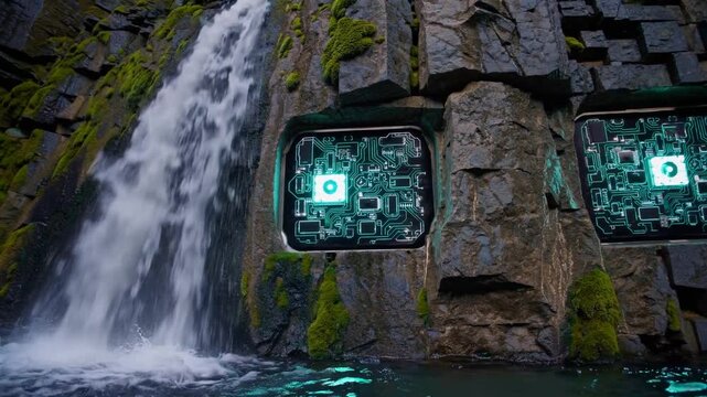 Visage sculpt&eacute; dans une cascade avec circuits &eacute;lectroniques