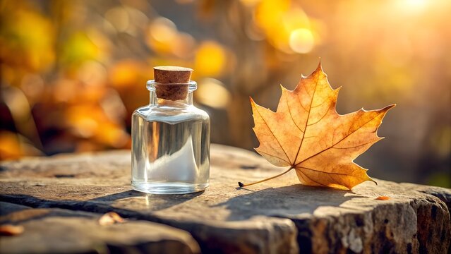 Golden maple leaf and clear bottle create a soothing autumn still life scene, reflecting serenity and the gentle essence of the fall season.