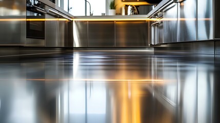 Sleek Modern Kitchen Interior: Capturing the essence of modern design with polished surfaces, clean lines, and an inviting atmosphere. Perfect for culinary pursuits.