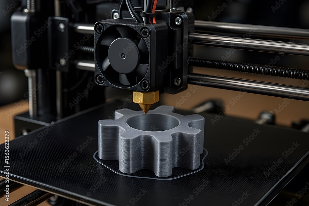 Poster exploring the world of additive manufacturing creating a gear with a d printer technology process