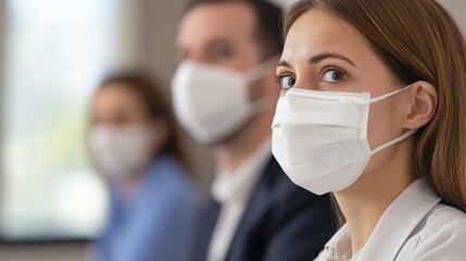 A business meeting with participants wearing face masks in a conference room, maintaining a safe distance.