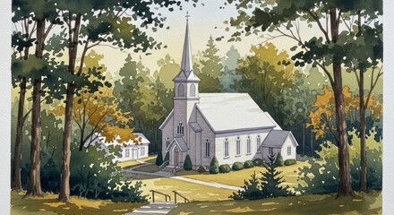 Idyllic Countryside Church Surrounded by Autumn Foliage and Mature Trees