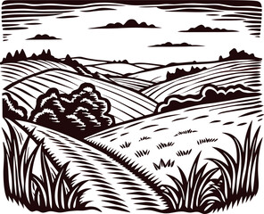 Fototapeta premium Hand drawn rural landscape with fields and hills engraved vintage countryside illustration
