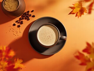 Cup of coffee is sitting on a black plate with a few coffee beans on the table