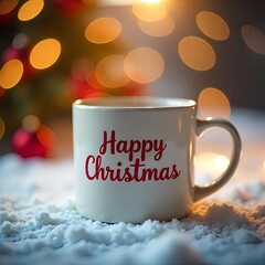 A white mug with Christmas written on it, on the background of Christmas, Christmas decorations