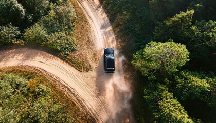 aerial view of a black pickup truck driving on a dirt road surrounded by dense forest the vehicle is kicking up dust as it travels along the winding path