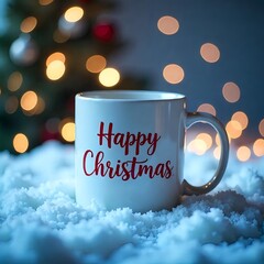A white mug with Christmas written on it, on the background of Christmas, Christmas decorations