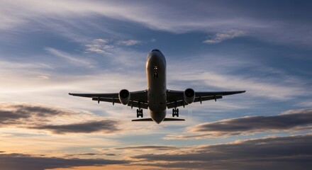 Commercial Airplane Ascending Through Dramatic Sunset Sky