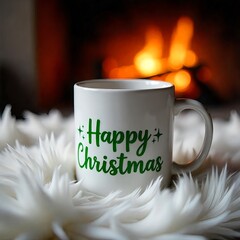 A white mug with Christmas written on it, on the background of Christmas, Christmas decorations