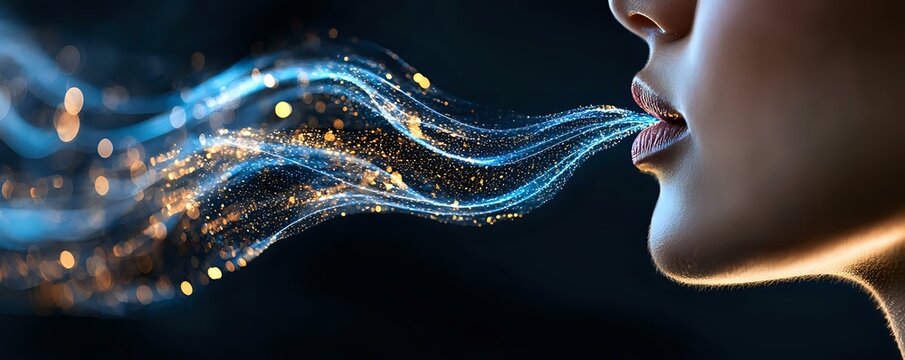 Female lips in profile exhaling magical glowing blue smoke with sparkles and light particles against dark background, creating ethereal flowing effect.