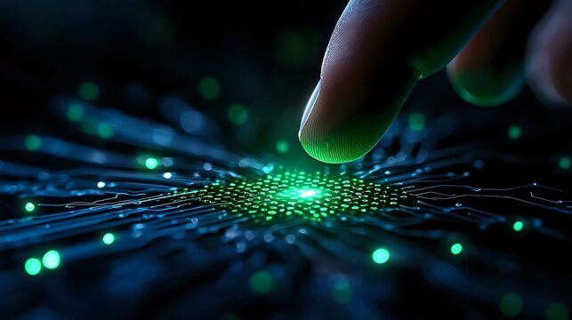 Finger touching glowing green digital circuit pattern with light trails and bokeh effects on dark background, representing technology interface and connectivity.