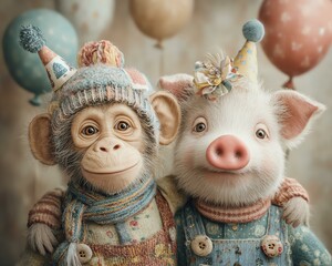Fototapeta premium Cute monkey and pig celebrating with balloons.