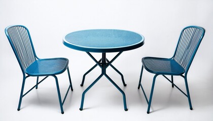 Fototapeta premium a blue metal bistro table with two matching chairs ideal for outdoor dining or leisure on white background