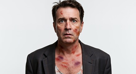 Bruised and battered man stares intensely at the camera, his face and chest showing signs of a recent physical altercation. A somber portrait of