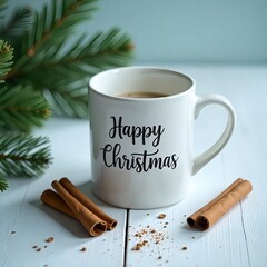 A white mug with Christmas written on it, on the background of Christmas, Christmas decorations