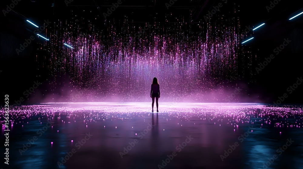 Poster silhouette of person standing before glowing pink light curtain with sparkling particles and reflect