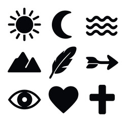 Symbolic Body Art Icons. Solid, filled icons set of symbolic body art elements: sun, moon, waves, mountains,