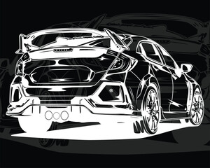 Black and white sports car or supercar vector illustration
