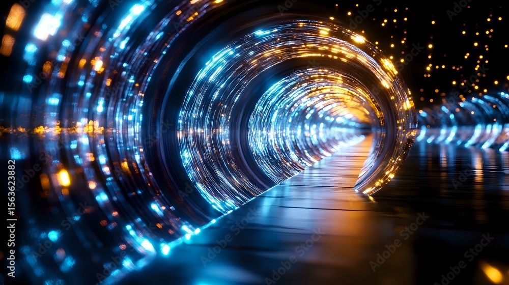 Poster futuristic glowing tunnel with blue and orange light streaks creating dynamic motion effect, reflect