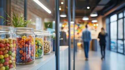 Sweet Temptations in the Workplace: A vibrant office setting featuring a display of colorful candies in glass jars, offering a delightful contrast against the backdrop of busy professionals.