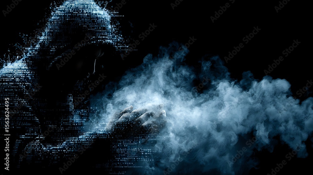 Aufkleber mysterious hooded figure emerging from digital particle effect with smoky atmosphere against dark ba