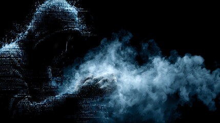 Mysterious hooded figure emerging from digital particle effect with smoky atmosphere against dark background, creating cybersecurity threat concept.